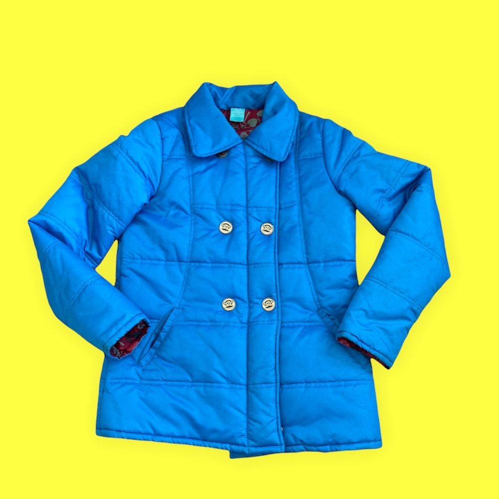 Paul Frank Blue Puffy double breasted Jacket Monkey buttons size Med
